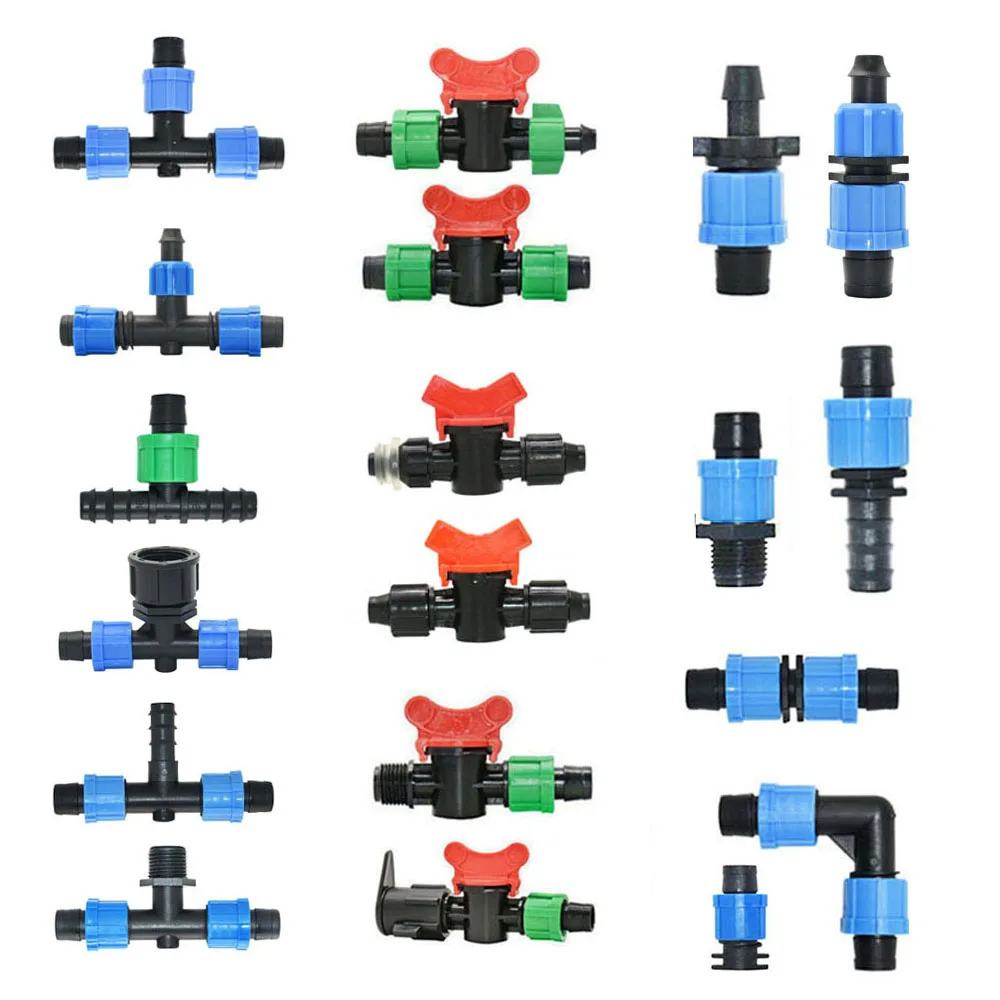 16mm Irrigation Drip Tape Tap Fittings Tee Repair Elbow End Plug Connectors Locked Hose Joints Greenhouse Coupler