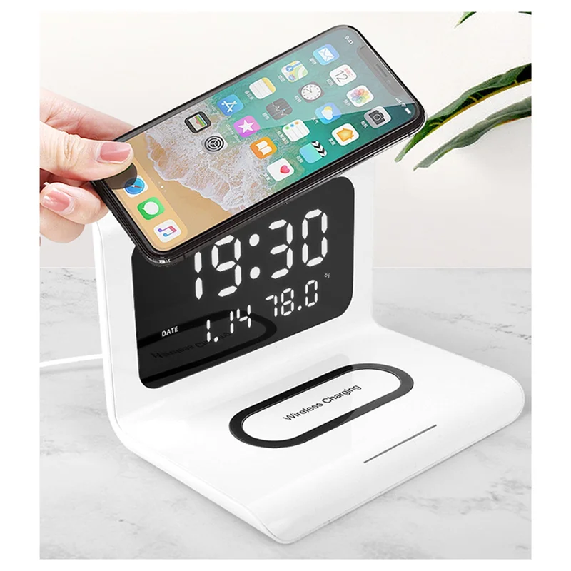 

A76F-Multi-Function Charger Clock Clock Wireless Charger With Thermometer Support 10W Fast Charging
