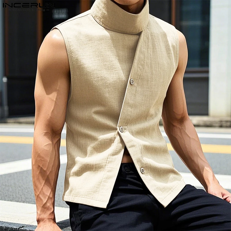 

INCERUN Tops Korean Style Fashion Men Semi High Neck Design Solid Shirt Casual Streetwear Male Slanted Placket Sleeveless Blouse