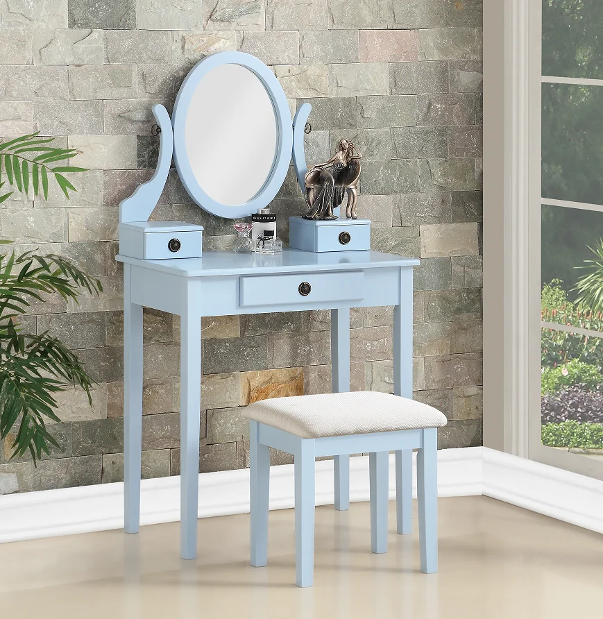 Modern Oak Wood Moniya Makeup Vanity Table and Stool Set with Storage Adjustable Lighted Mirror Blue