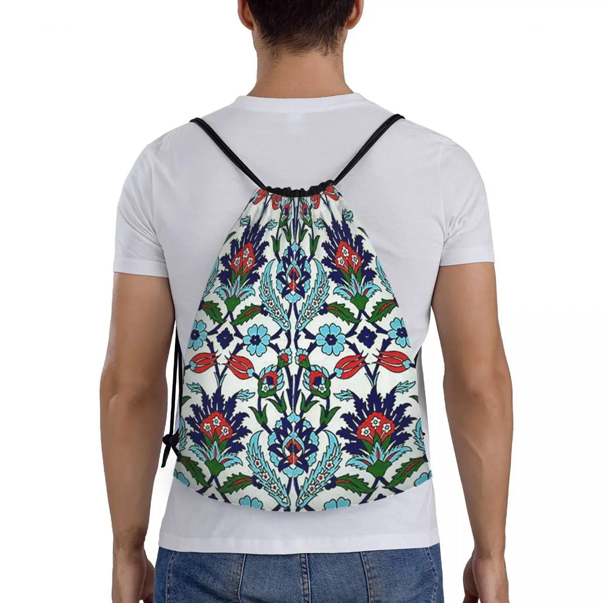 

Turkish Iznik Floral Backpacks Portable Drawstring Bundle Pocket Sports Bag Book Bags for Man Woman Students