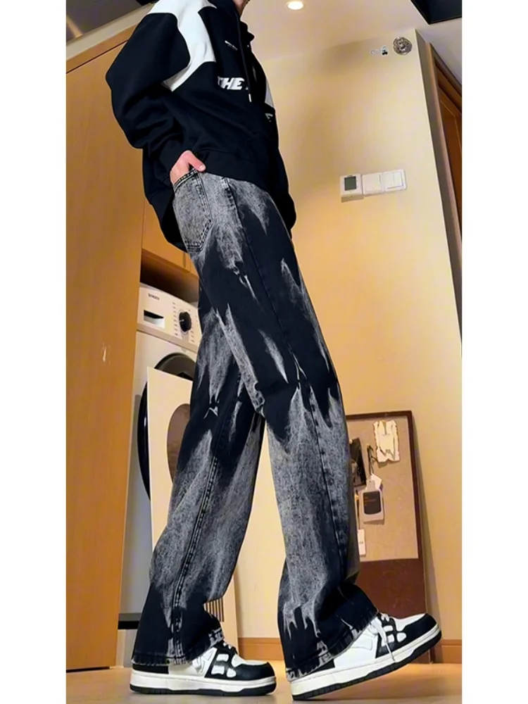 

Bla Tie Dye Denim Jeans Men's Autumn Winter Wide Leg Pants High Waist Straight Cut Drill Long Trousers American Sle