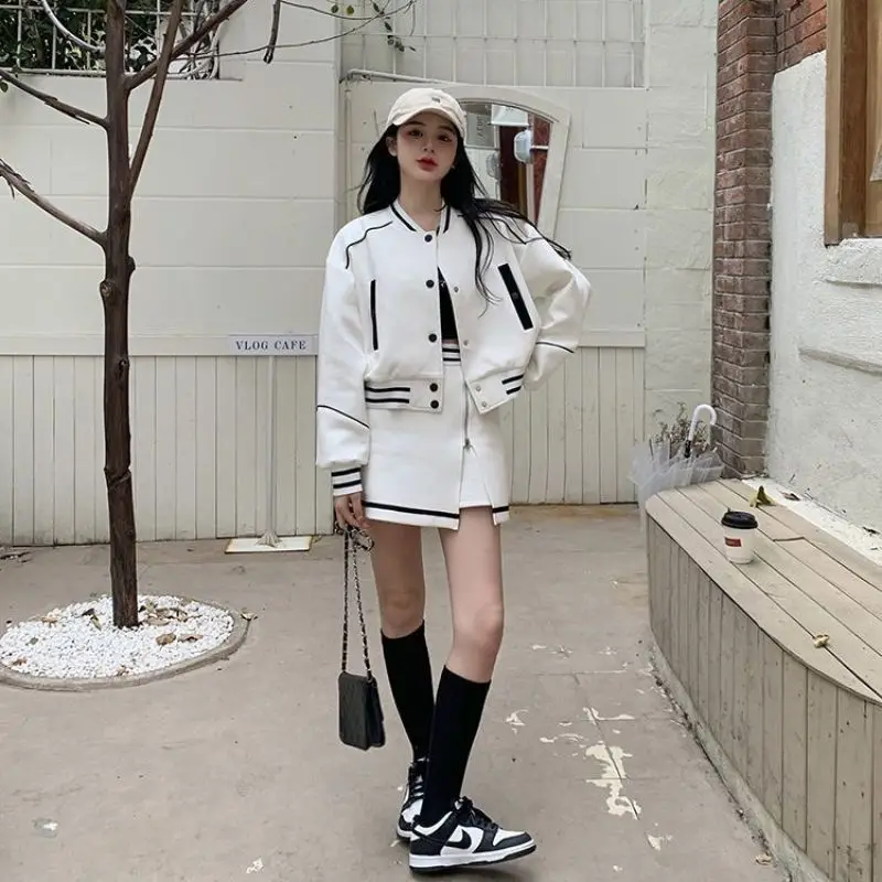 Ensemble de survêtement de baseball vintage pour femme, manteau court chic coréen, demi-jupe taille haute, tenues de printemps et d\'automne,
