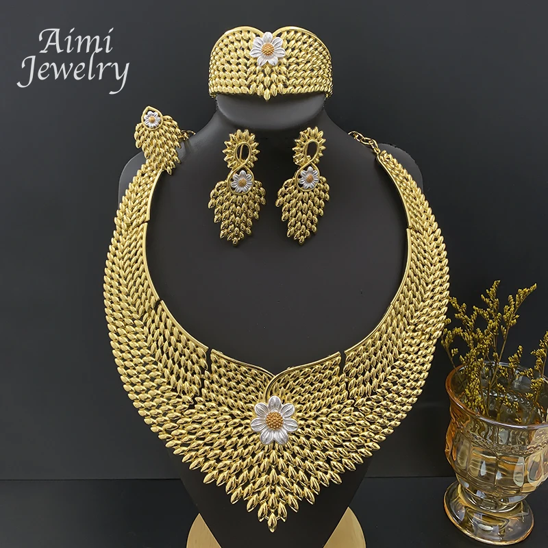 Brazilian Jewellry Collar Exaggerated Necklace Earrings Bracelet Ring Big Size Choker Jewelry Set Bridal Wedding Party Gifts