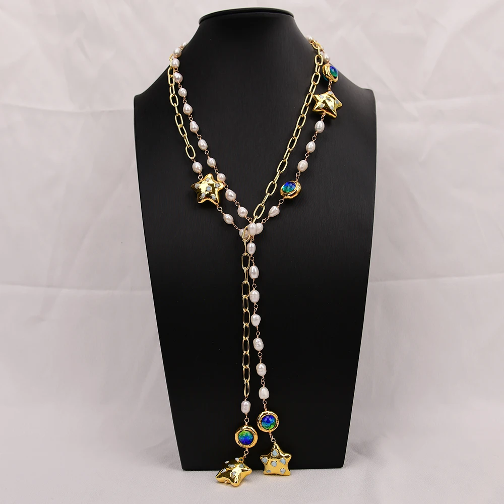 G-G 55'' Cultured White Rice Pearl Gold Edged Blue Murano Glass Beads Larimar Stars Long Necklace