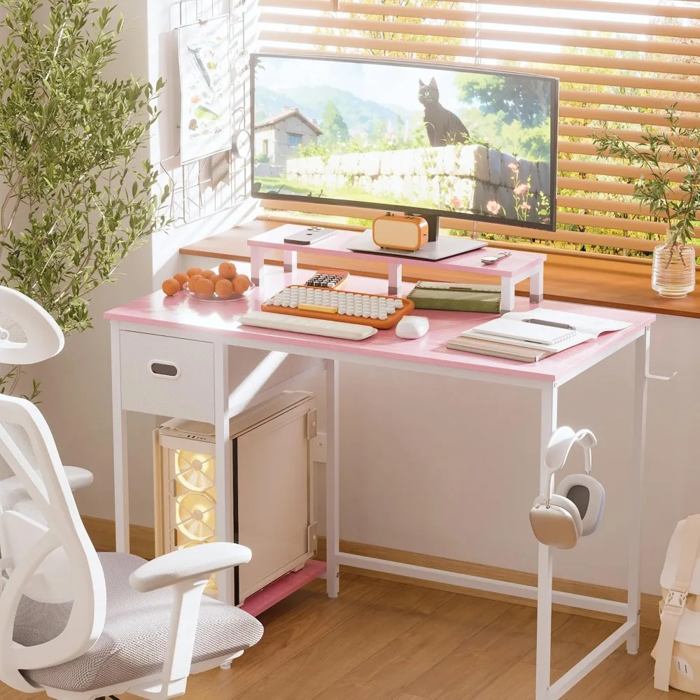 Compact 39 Inch Desk with Monitor Stand for Home Office, Bedroom Study Table with Storage Drawer, Small Space Solution