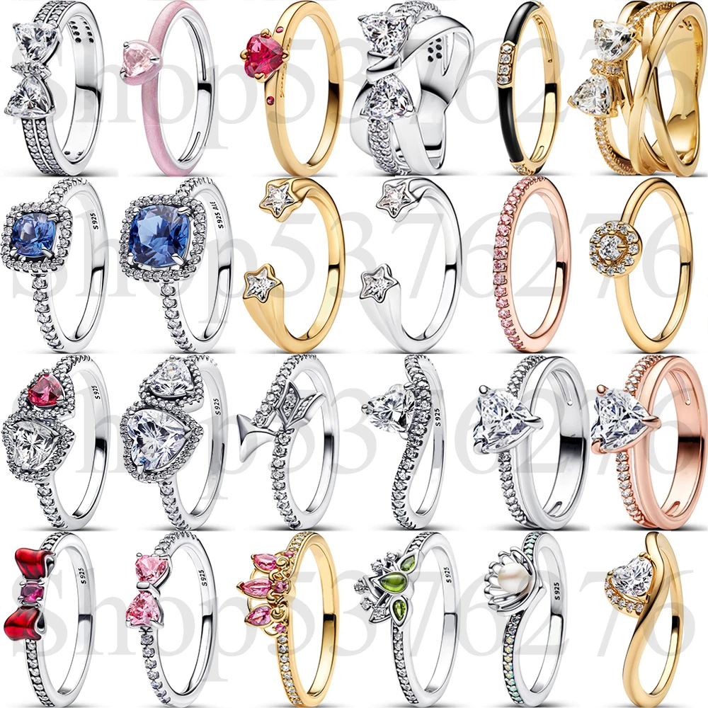 925 Sterling Silver Double-Row Crossover Bow Wavy Arrow Stars Princess Tiara Shell Band Fashion Ring For Women Gift DIY Jewelry