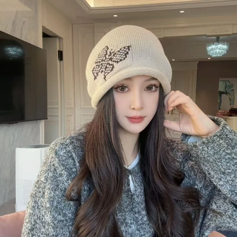 Butterfly Pattern Knitted Woolen Hat Windproof Thickened Drawstring Beanie Cap Keep Warm Cold-proof Cover Head Cap Winter