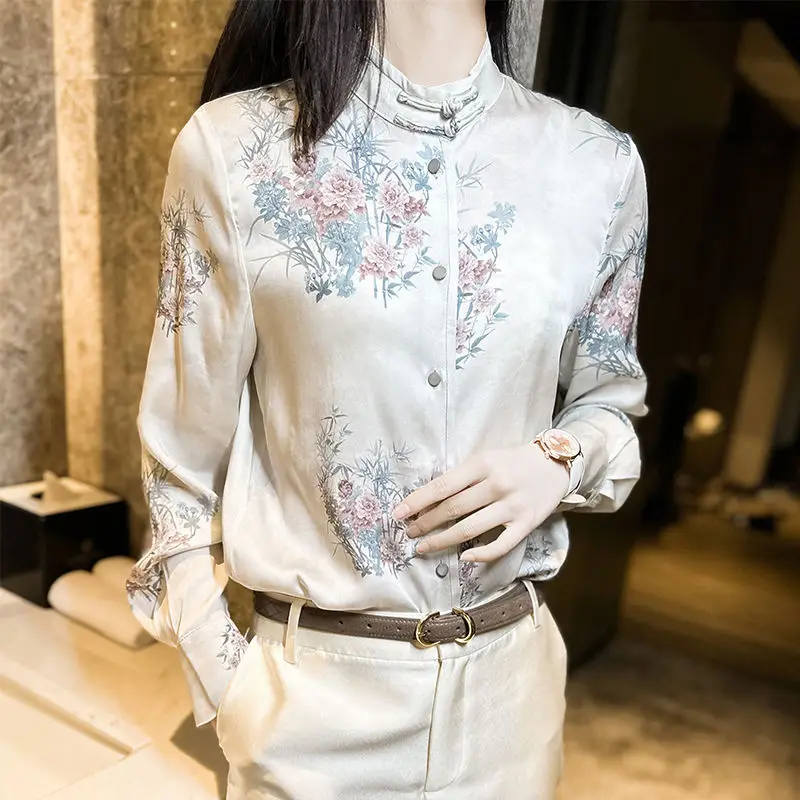 2024 chinese style women traditional hanfu qipao dress women Satin blouse long sleeve qipao blouse lady ol modern tangsuits top