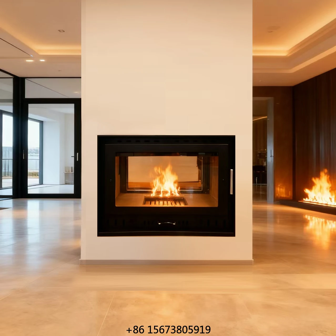 Double-faced Modern Steel Freestanding Indoor Fire Burning Wood Fireplace