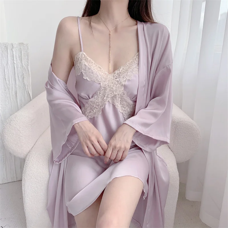 

Summer New Female Nighty&Robe Set Sexy Lace Trim Chemise Nightgown Lingerie Purple Satin Kimono Bathrobe Gown Loose Home Dress