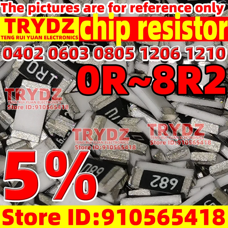 

100pcs 5% chip resistor 0402 0603 0805 1206 1210 0R 1R 1R1 1R2 1R3 1R5 1R6 1R8 2R 2R2 2R4 2R7 3R 3R3 3R6 3R9 4R3 4R7 5R1 5R6 6R2