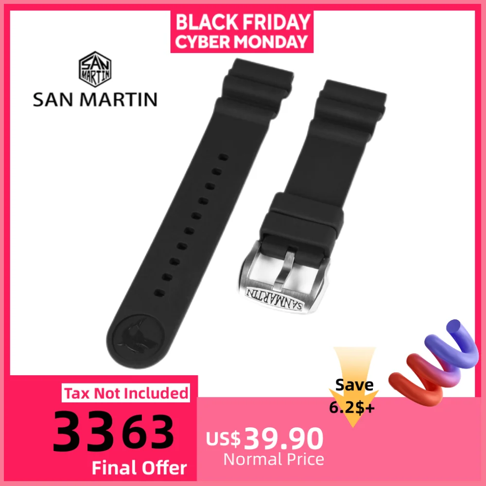 

San Martin 20mm Black Waffle Pattern FKM Rubber Watch Band Waterproof Watch Strap Comfortable To Wear Watchbands Durable SF0007