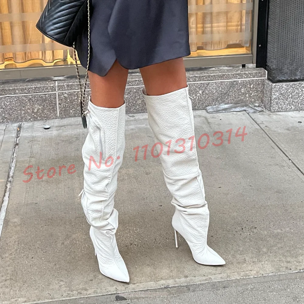 Zipped Pocket White Long Boots Women Streetwear Pointy High Heels Leather Shoes Winter Trends New In Design Over Knee High Boots