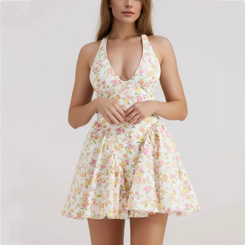 2024 Sexy Apricot Flower Print Bow Halter V Collar Sling Mini Dress Women Low Waist A-Line Pleated Swing Backless Party Robe