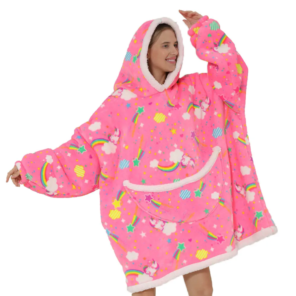 Pink Unicornio Wearable Blanket Hoodie with Sleeves Oversized Women Designer Clothes Korean Sweatshirt Winter Warm Christmas Pjs