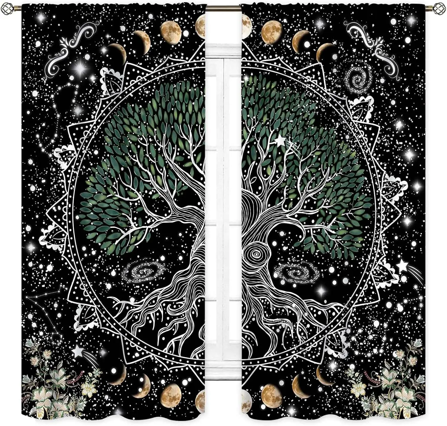Bohemian Tree of Life Blackout Curtain Sun Moon Mandala Mystic Window Drapes Rod Pocket For Bedroom Living Room Home Decor