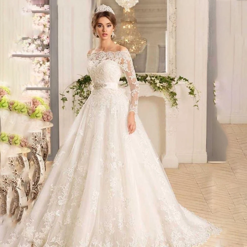 

Luxury Wedding Dresses Off The Shoulder Long Sleeve Church Bride Dress with Draped Appliques Beading Bow Bridal Gown Customized