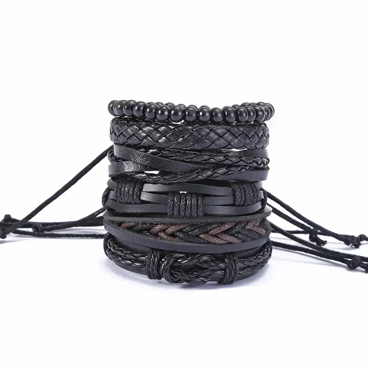 6pcs Men\'s PU Leather Punk Street Style Black Handmade Men Minimalist Twist Bracelet