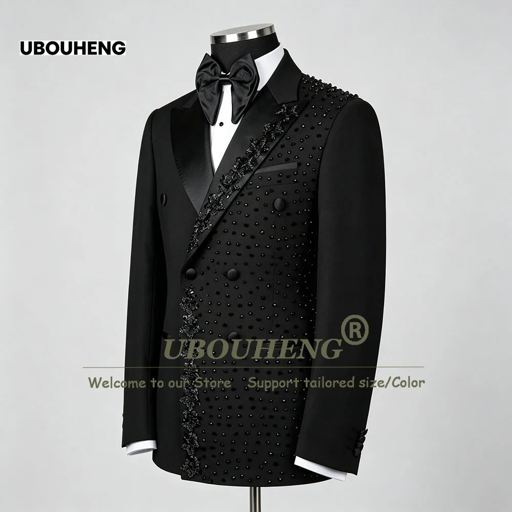 Luxury Man Handmade Black Embroidered Tuxedo Suit For Wedding Customized Double Breasted Jacket Pants 2 Piece Sets Groom Blazer