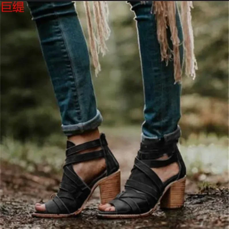 women sandals PU Buckle Strap 5CM Thick heel High heels Peep Toe Cutout Shallow women shoes sandalias mujer 2020 size 35-42