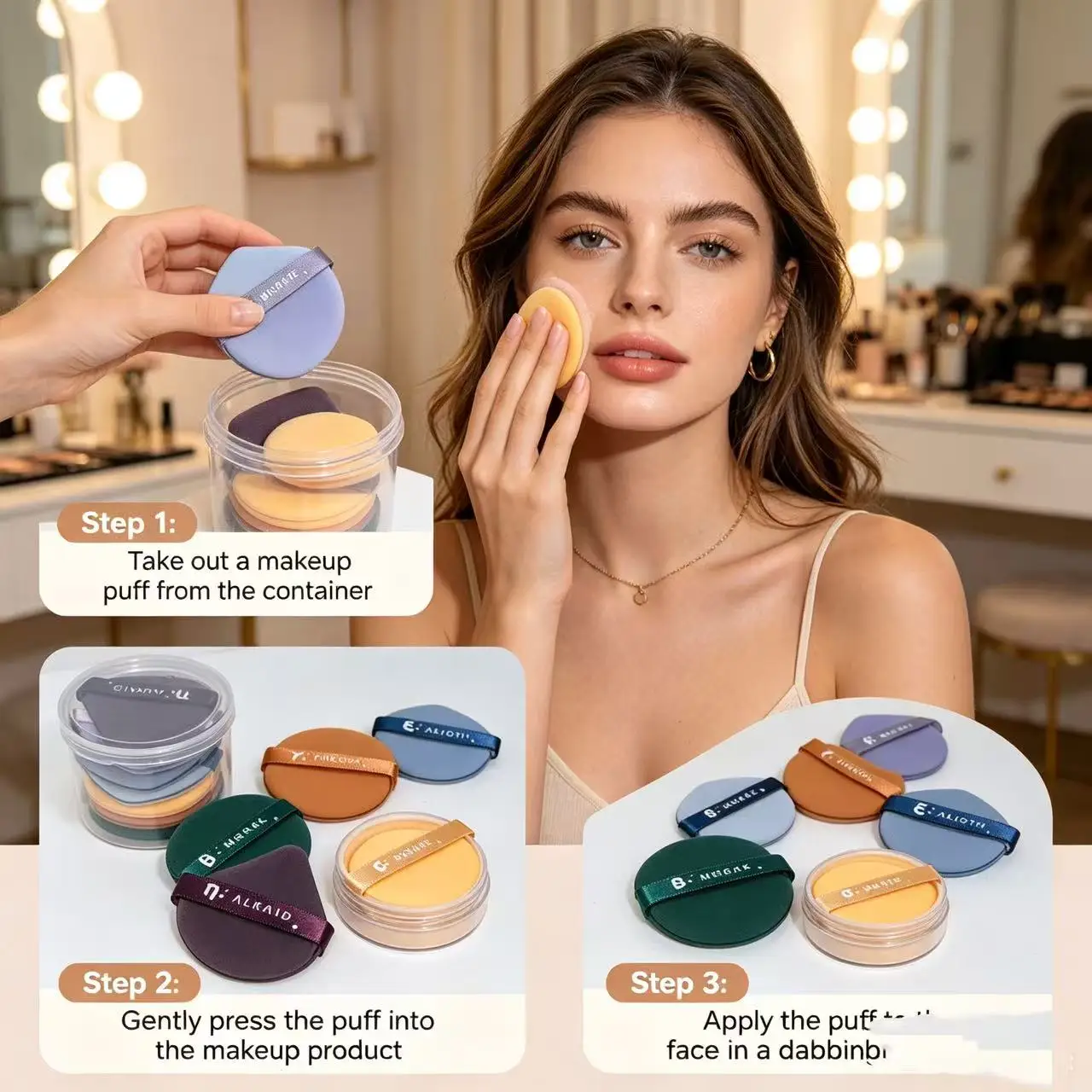 7 pack of mixed-type cushion sponge applicators, suitable for both dry and wet use with foundation liquid.