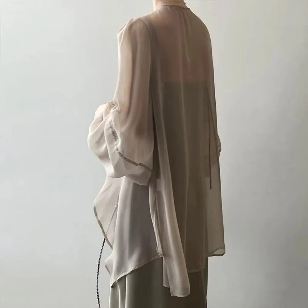Fashion Solid Color Cardigan Tops See Through Open Front Chiffon Blouses Long Sleeve Light Texture Air Weave Tops Summer Season