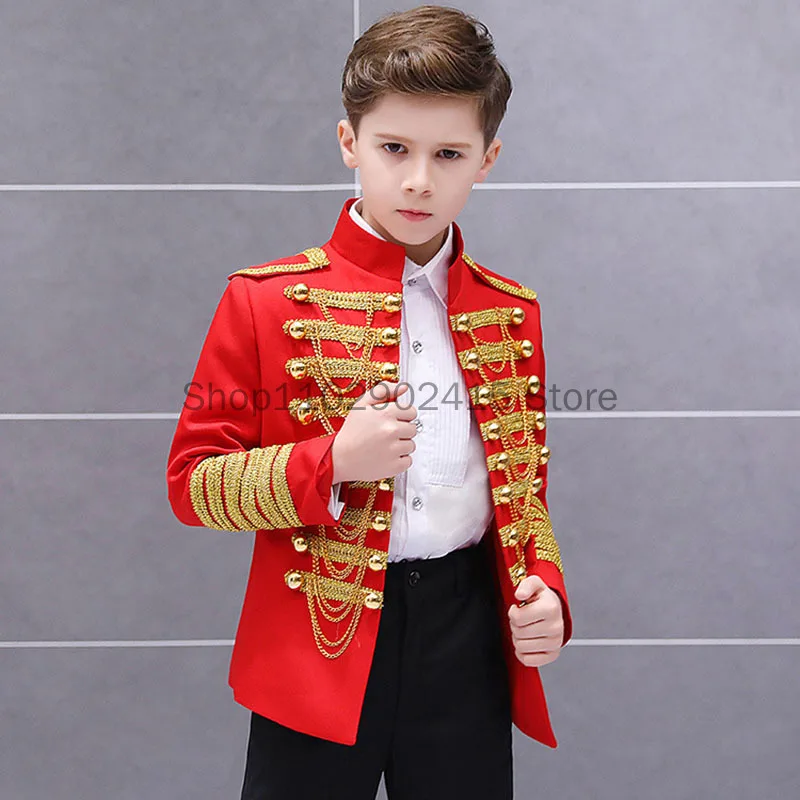 Steampunk Prince Costume Military Tassel Chains Jacket Shoulder Pad Coat Pop Stars Blazer Suits Royal Outfit For Boy Kid Noble