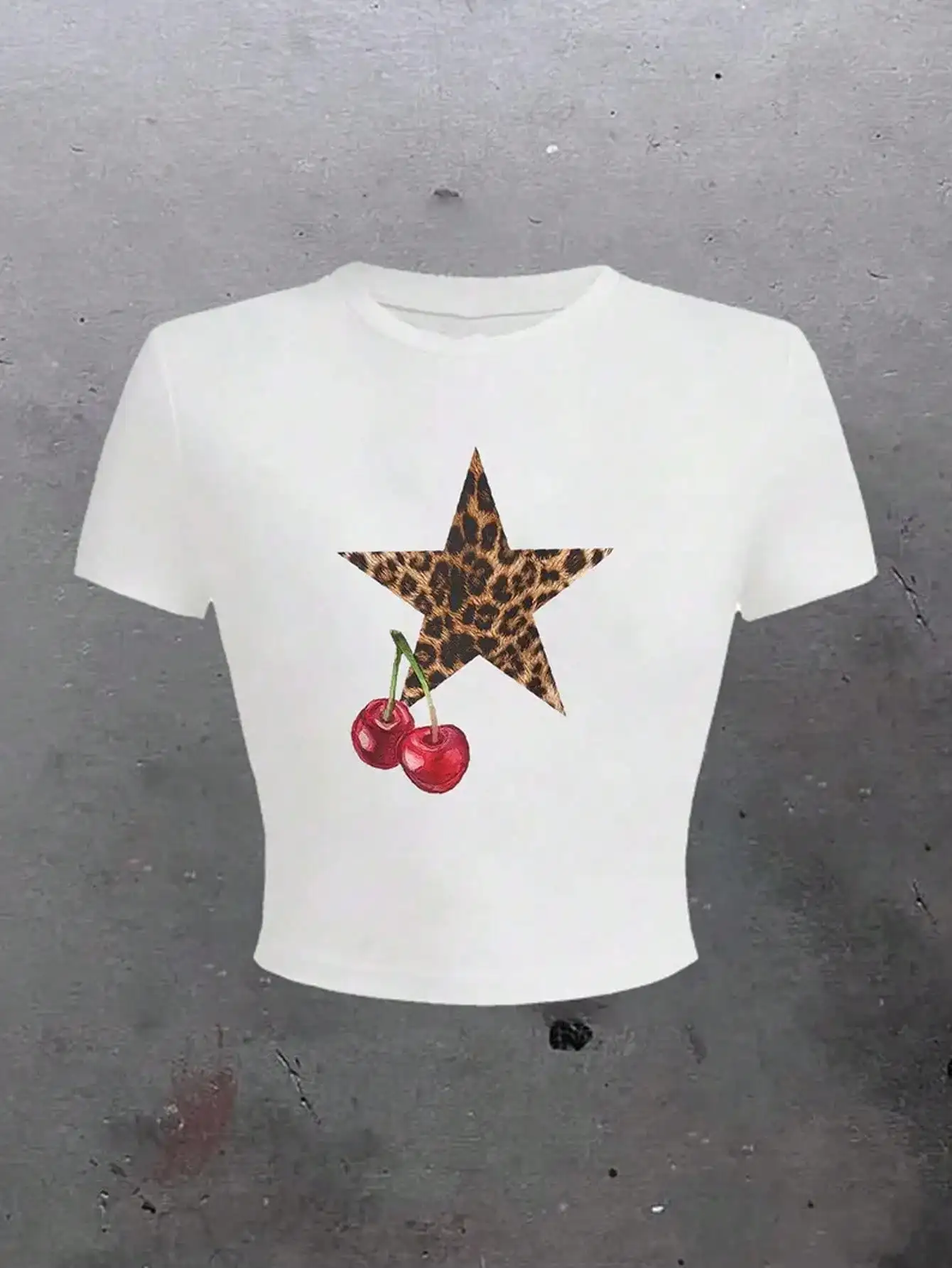 

White Crop Top with Leopard Star and Cherry Print, Y2K Style Short Sleeve Tee