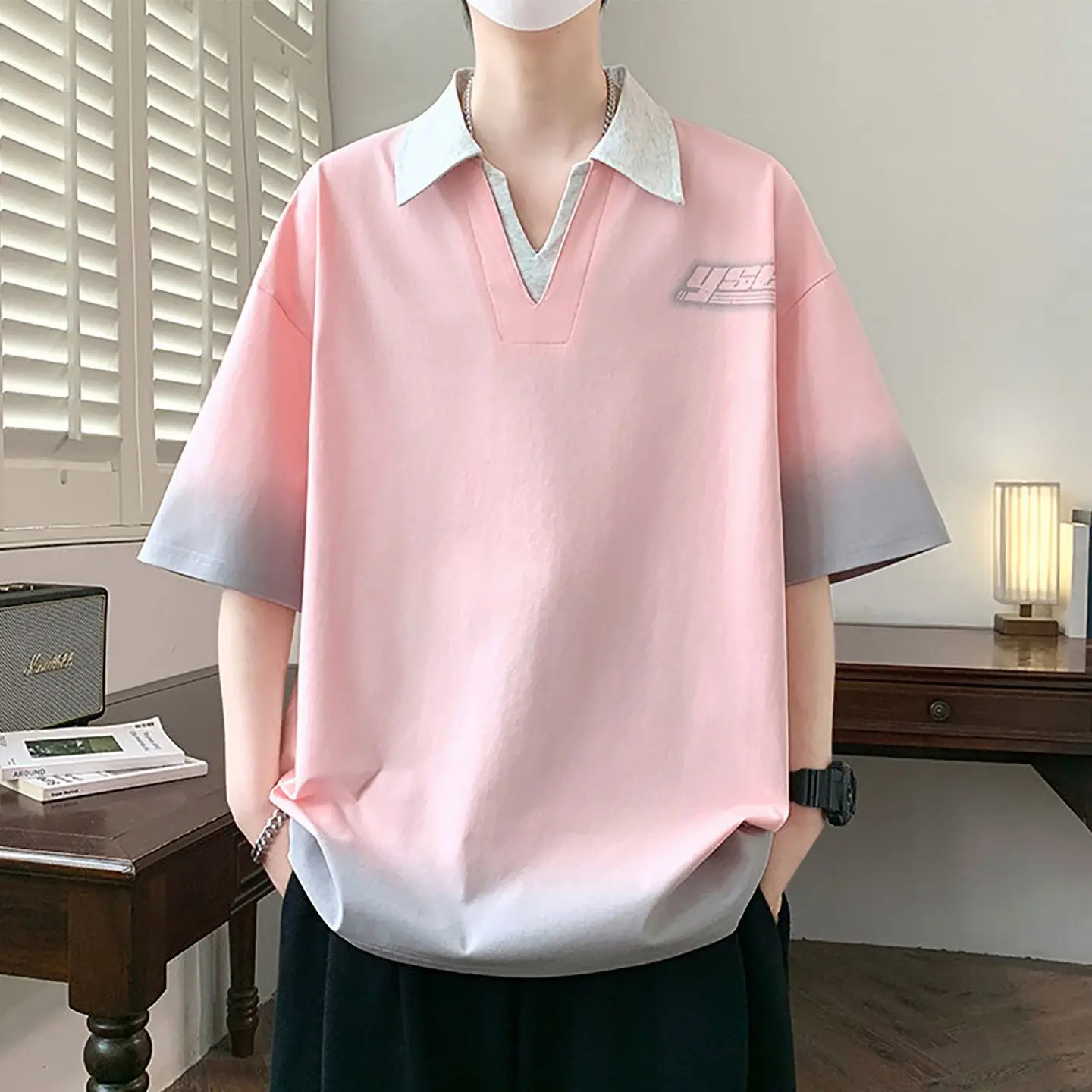 Polo Shirt For Men Casual Loose Fit Gradient Color Short Sleeve With Letter Patch Design Summer Wear