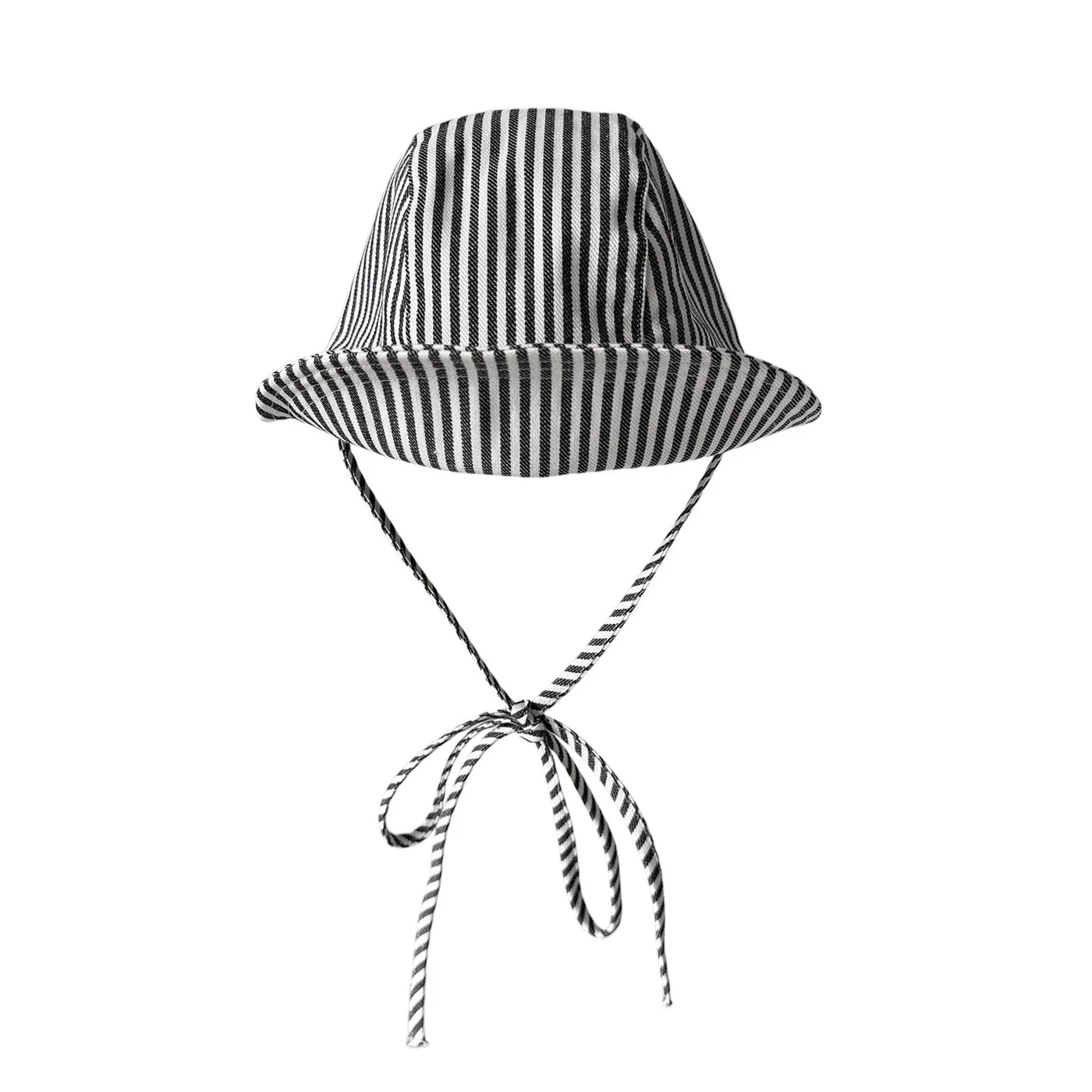 black-white-strap-bucket-hat-foldable-double-brim-round-top-cloth-fisherman-cap-summer-windproof-outdoor-sun-hat