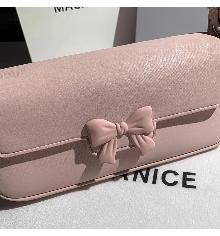 Summer New Fashion Women\'s Handbag Pink Bow Knot Square Bag Textured Leather Shoulder Underarm Bag Lady Purse Female Armpit