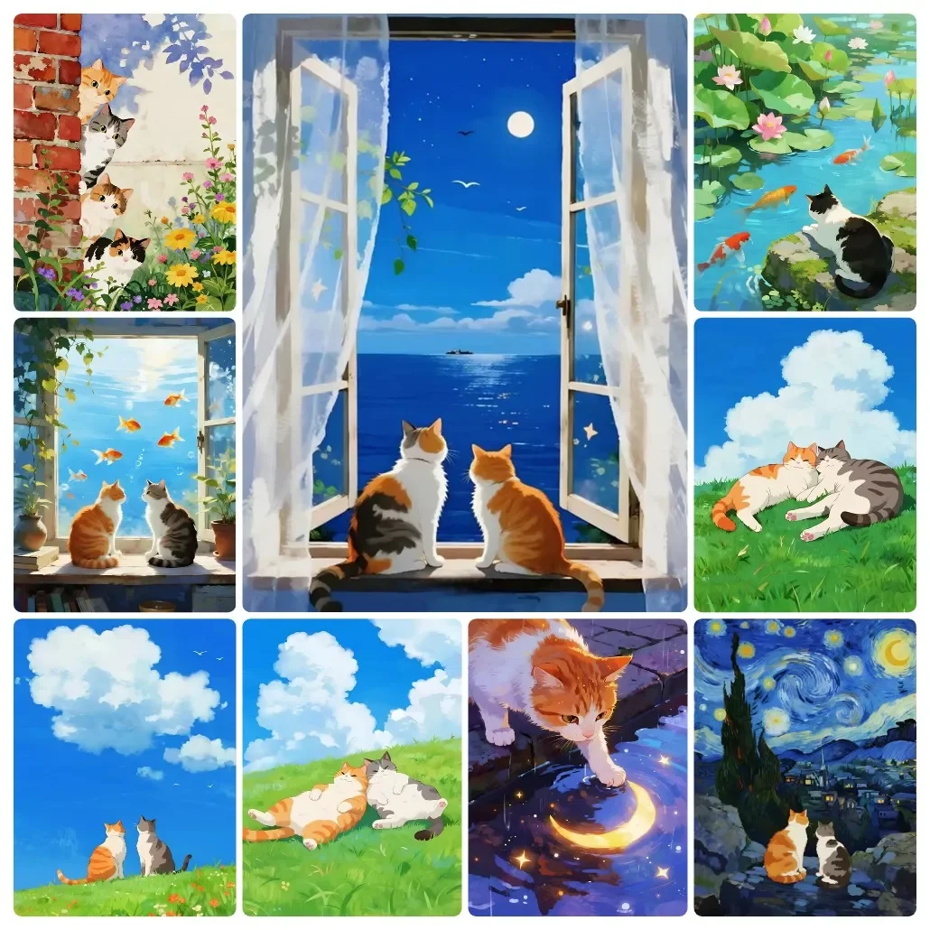Diamantmalerei, Katze, Mond, Fensterbank, Tier, Fisch, Blumen, Mosaik, handgefertigtes Kunstwerk, vollständige runde/quadratische Diamanten, Geschenk, Heimdekoration