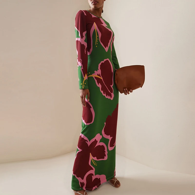 Vestido largo ajustado de manga larga con cuello redondo para mujer, vestido informal de fiesta bohe con temperamento, vestido de bata de cintura alta con estampado Floral a la moda
