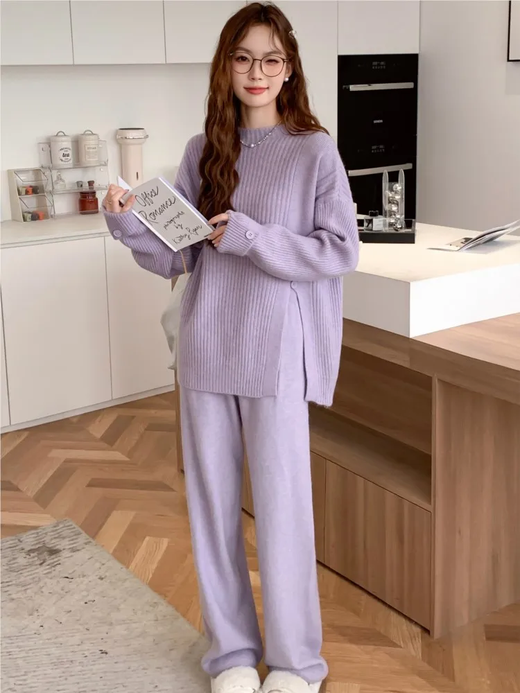 Women Solid Knitted 2 Piece Set Tracksuit Autumn Winter Loose Half High Collar Pullover Sweater Wide Leg Pants Harajuku Suit New