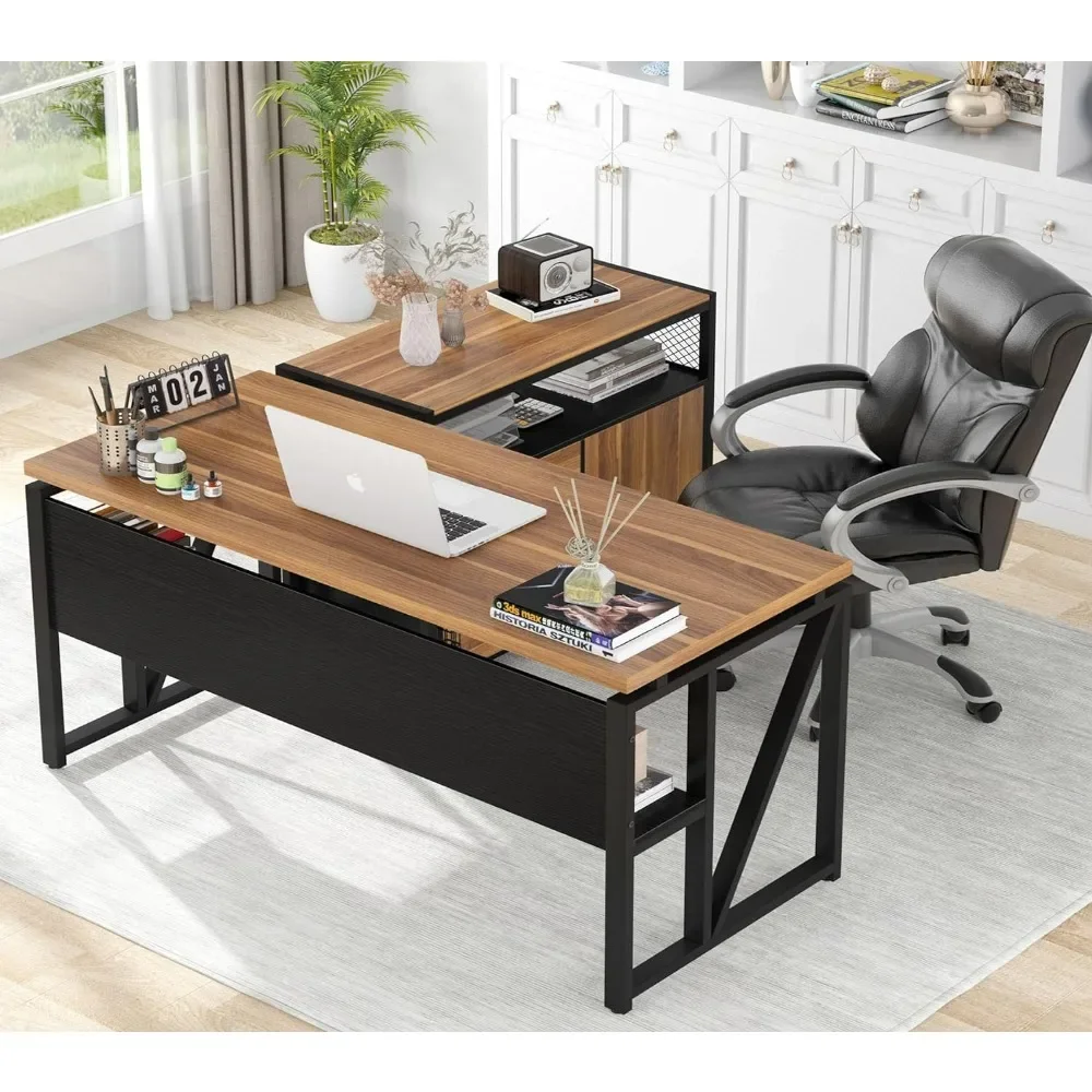 

55-inch L Shaped Desk with Drawer Cabinet, Executive Computer Desk and lateral File Cabinet, 2 Piece Home Office Furniture