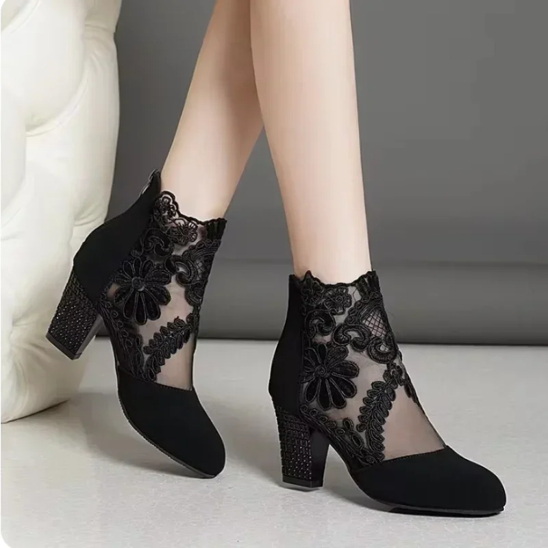 Women\'s Lace Heeled Shoes Fashion Ladies Roman Sandals Breathable Ladies Shoes Elegant Ladies Pumps New Mesh Sandalias De Tacón