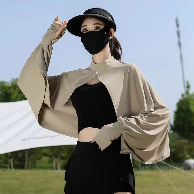 sun-protection-ice-silk-long-sleeve-cycling-shawl-women's-summer-driving-breathable-loose-outerwear-uv-protection-cloak