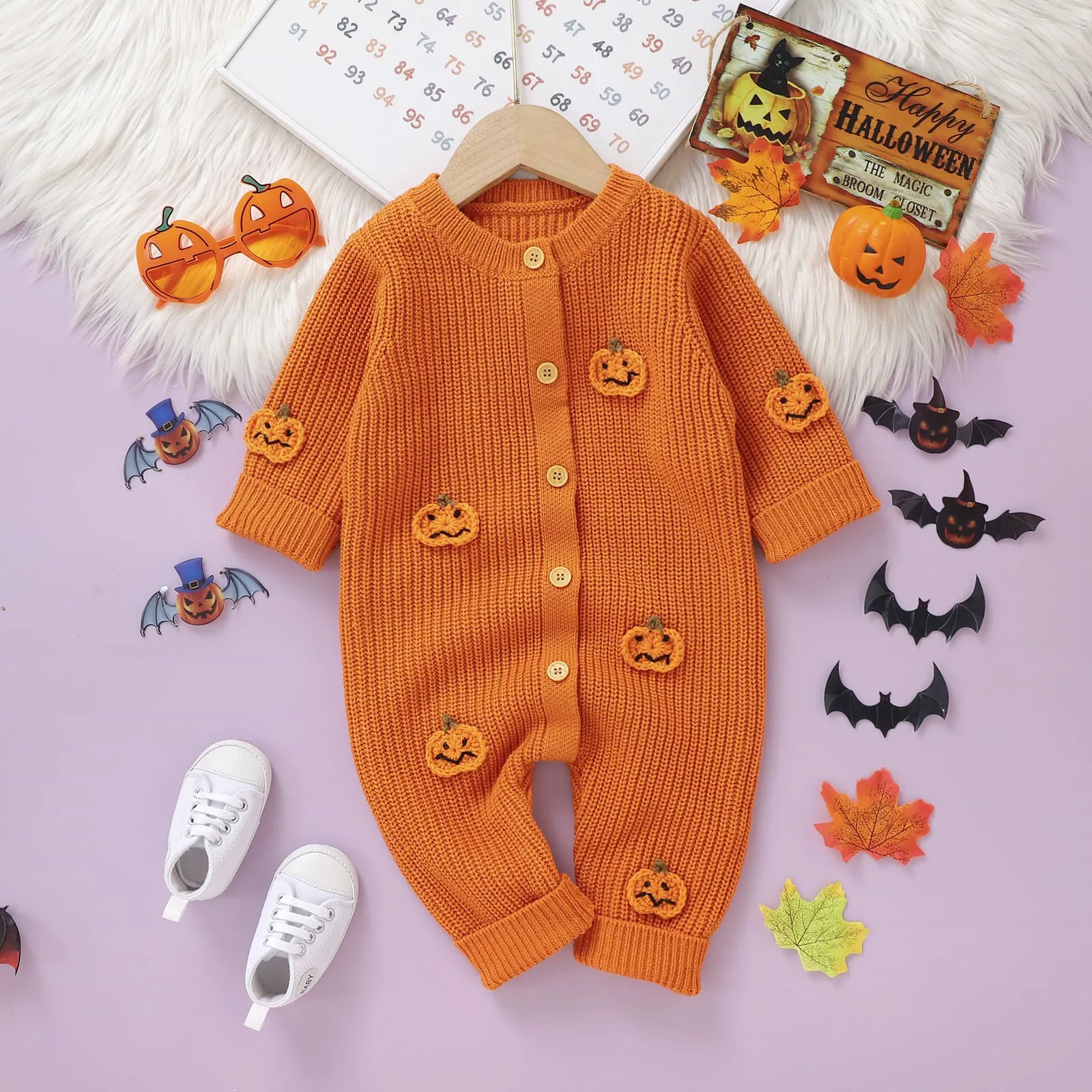 

3D Pumpkin Cute Newborn Knitted Clothes Baby Girls Sweater Romper Long Sleeve Crew Neck Button Closure Flower Fall Kids Jumpsuit