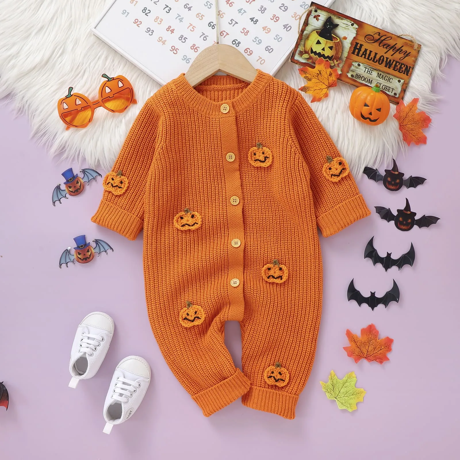 3D Pumpkin Cute Newborn Knitted Clothes Baby Girls Sweater Romper Long Sleeve Crew Neck Button Closure Flower Fall Kids Jumpsuit