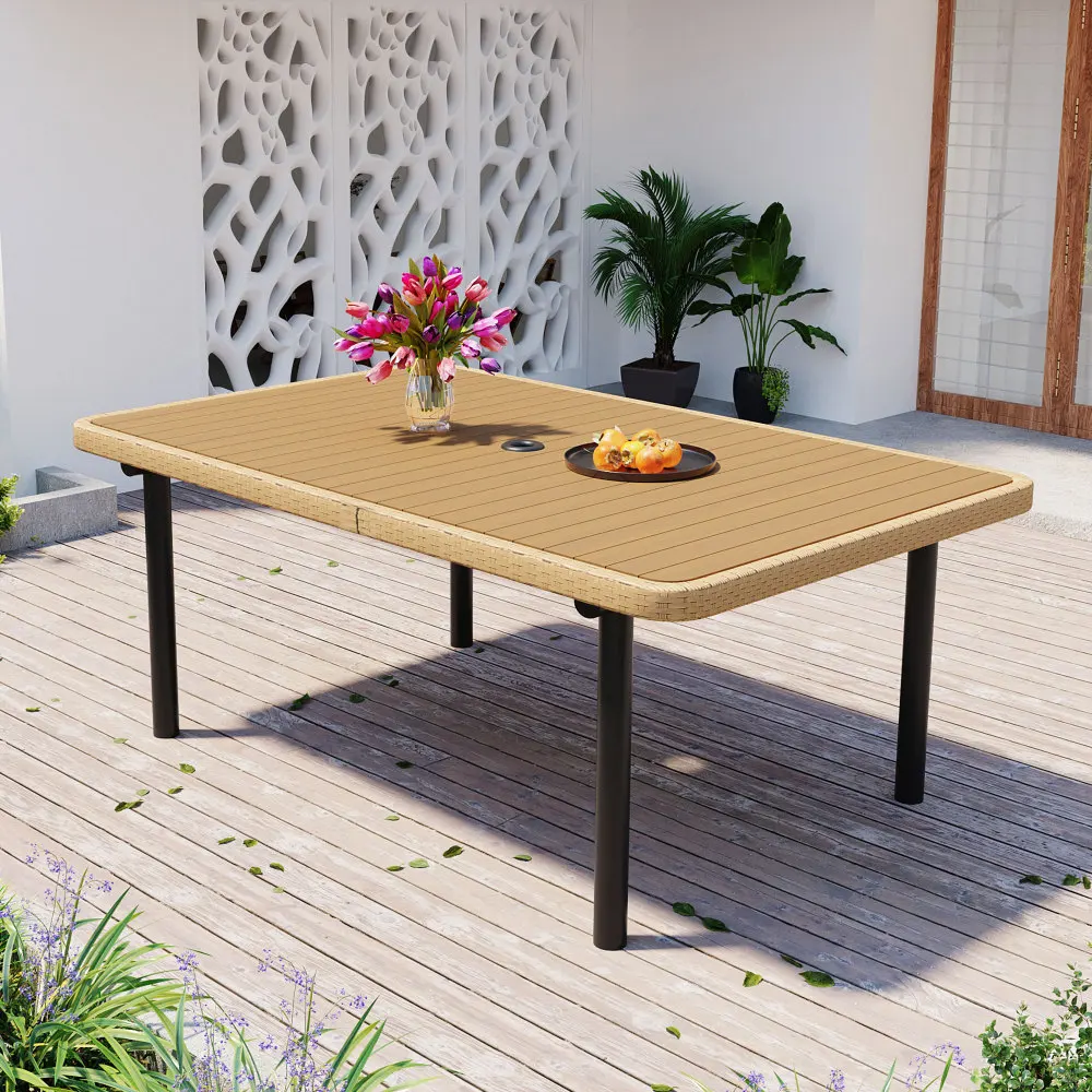 

59" Outdoor Dining Table: Polywood Top, Umbrella Hole, Iron Legs, Rectangular for Garden