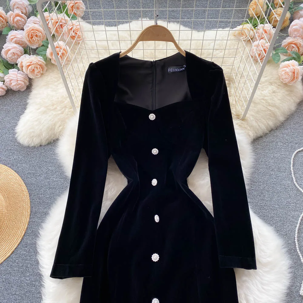 Temperament Autumn Women Black Velvet Dress Fashion Square Collar Long Sleeve Skinny Slit Elegant Female Long Dress