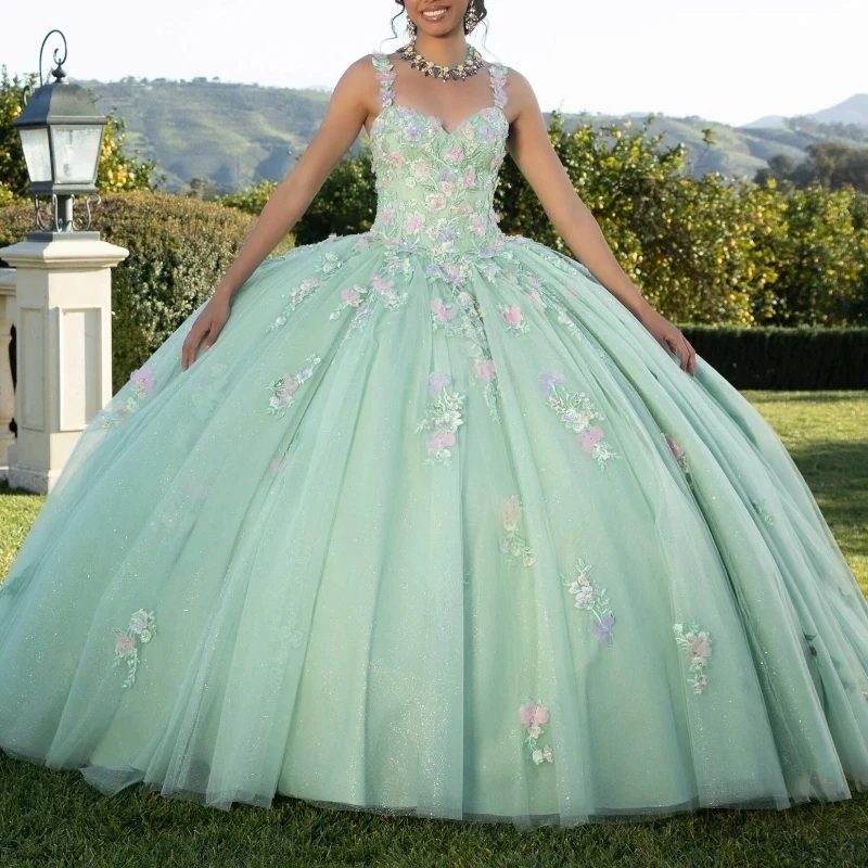 

Green Shiny Spaghetti Straps Ball Gown Quinceanera Dresses Applique Lace Crystal Beading Ribbons Corset Vestido De 15 Anos