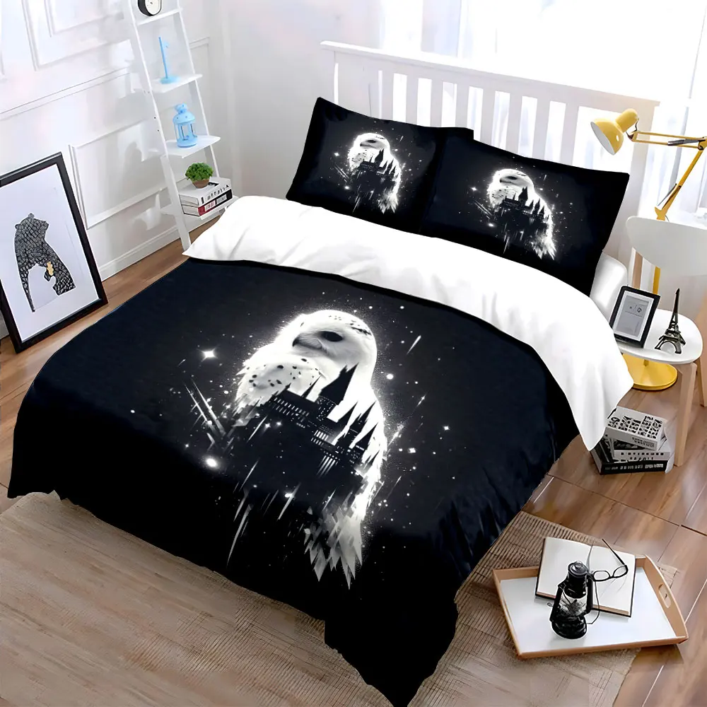 White owl and magical castle Print Bedding Set 1 Duvet Cover 2 Pillowcases for Adult and Children Luxury Gift Full Size