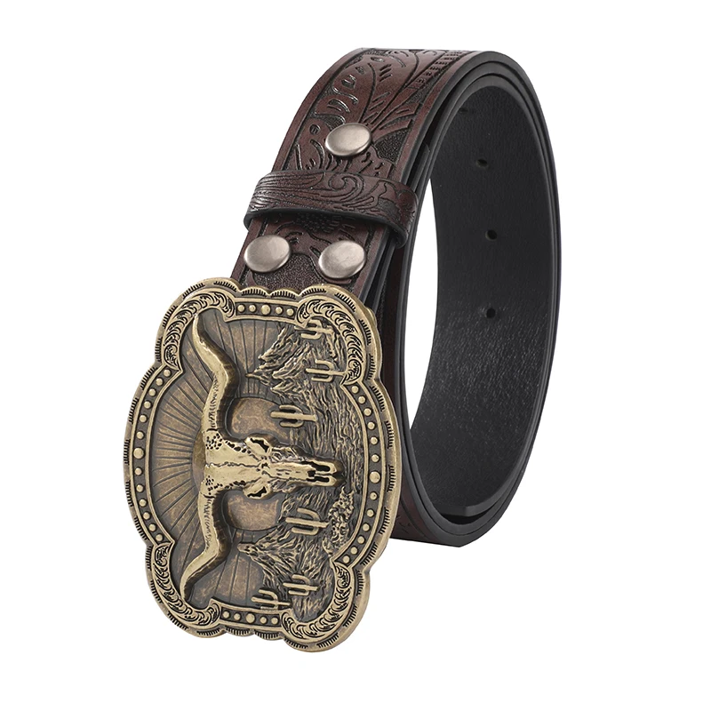 Men & Women-Western-Cowboy-PU Leather-Belts - Vintage Bull Belt Floral Engraved Buckle Belt for Jeans