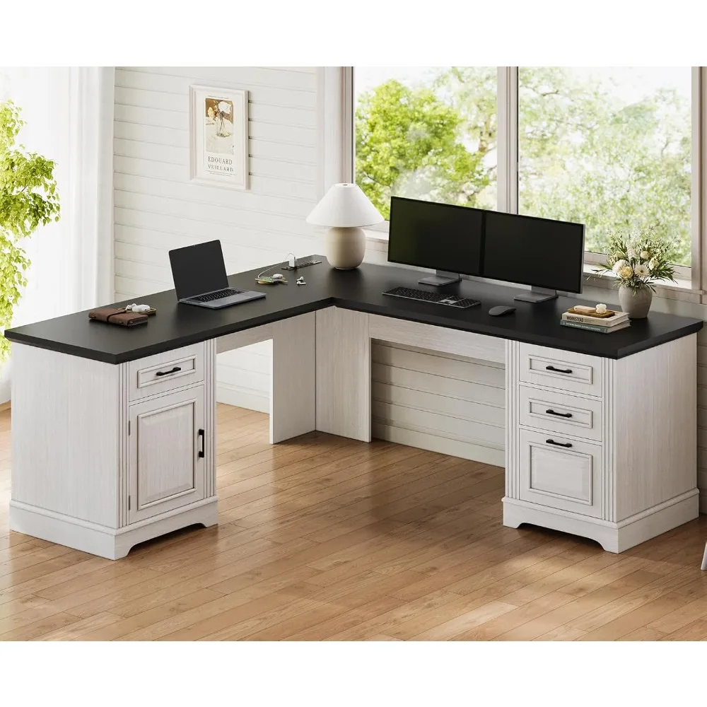 

Farmhouse Executive L Shaped Desk, Home Office Desk with File Drawer and Power Outlet, Computer Corner Desk with Drawers