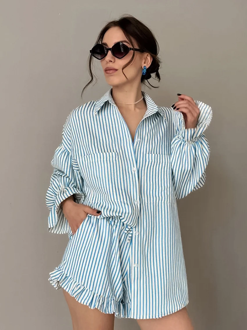 Marthaqiqi Striped Loose Women Pajamas Suit Turn-Down Collar Sleepwear Long Sleeve Nightwear Shorts Casual Ladies Nightgowns Set