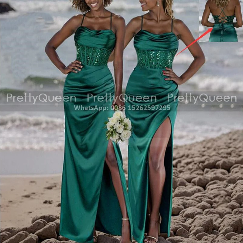 Emerald Green Sequins Bridesmaid Dresses Pleat Mermaid High Slit Customized Spaghetti Straps Long Wedding Party Dress