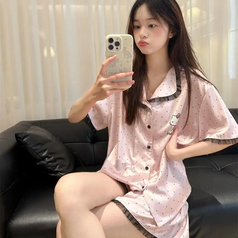 

Пижамный костюм Kawaii Hello Kitty для девочек, шорты с короткими рукавами, Y2K, спортивные мягкие удобные топы с героями мультфильмов, повседневная одежда, милые пижамы