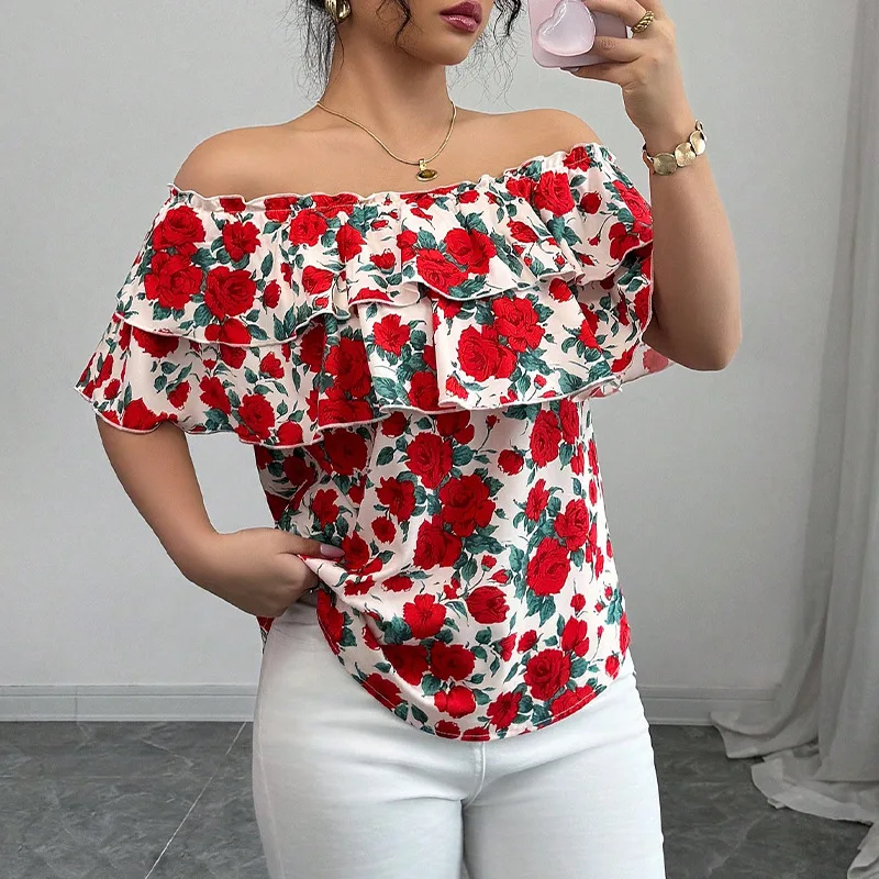 Summer Vaion Sle ort Sve One oulder irt Doppio strato Orlo con volant Cross Border Faion Premium irt da donna